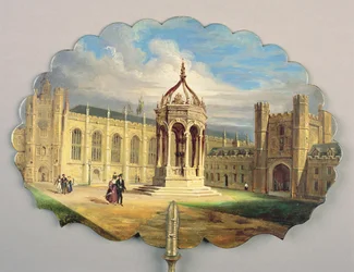 Écran victorien, avec une scène de la fontaine principale dans la Grande Cour du Trinity College, Cambridge